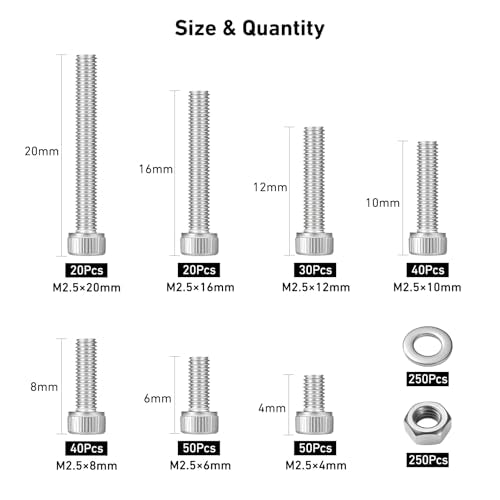 VGBUY 750pcs M2.5 Screw Kit, M2.5 x 4/6/8/10/12/16/20mm Hex Socket Head Cap Screws Bolts Nuts Washer Kit,304 Stainless Steel Machine Screws Suitable for 3D Printer DIY - size: M2.5x4/6/8/10/12/16/20mm, style: Socket Head