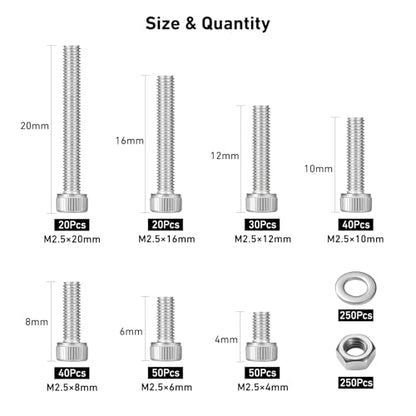 VGBUY 750pcs M2.5 Screw Kit, M2.5 x 4/6/8/10/12/16/20mm Hex Socket Head Cap Screws Bolts Nuts Washer Kit,304 Stainless Steel Machine Screws Suitable for 3D Printer DIY - size: M2.5x4/6/8/10/12/16/20mm, style: Socket Head