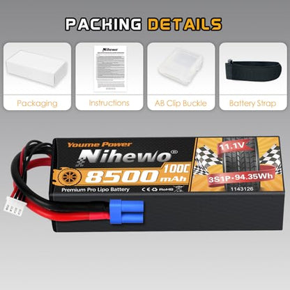 3S Lipo Battery EC5 8500mAh 11.1V 100C Hard Case for RC Truck 2Packs | 3S Lipo Battery 11.1V 8500mAh High Capacity,Hard Case Protection, EC5 Connector, Fit for 1/8 1/10 RC vehicle boat drone 2pcs - style: 2x 11.1V 8500mAh