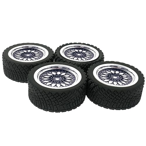 4PCS 65mm RC Rally Car Rubber Tires and Plastic Plating Wheel Rims Set 12mm Hex for 1/10 RC On-Road Rally Drift Racing Car for HSP Tamiya Sakura HPI WR8 HSP TT02 WLtoys(Black Silver) - color: Black