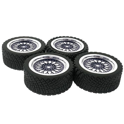 4PCS 65mm RC Rally Car Rubber Tires and Plastic Plating Wheel Rims Set 12mm Hex for 1/10 RC On-Road Rally Drift Racing Car for HSP Tamiya Sakura HPI WR8 HSP TT02 WLtoys(Black Silver) - color: Black