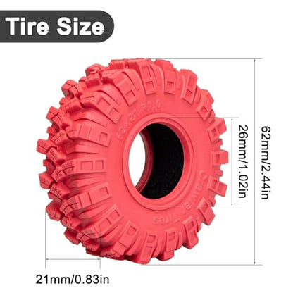 1.0 Tires RC Crawler Tires 62 * 21mm Super Soft Sticky 1.0 Crawler Tyre with Foam Insert for 1/18 TRX4M 1/24 SCX24 FCX24 Upgrade (4PCS) (Red) - color: Red