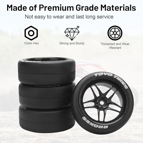 1/10 RC Drift Tires, daitoku 12mm RC Rally Racing Tires and Wheels for Tamiya Traxxas HPI KYOSHO XV02 XV01 TT01 TT02 PTG2 A959 - Style C (Black) - color: Black