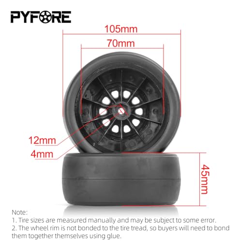 1/10 RC Racing Slick 105x45mm Tires & Wheels Set: Rubber Tires on 12mm Hex Rims for Traxxas Slash, ARRMA Senton, LOSI Short Course Truck - Upgrade (4Pcs)