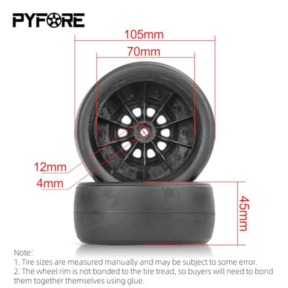 1/10 RC Racing Slick 105x45mm Tires & Wheels Set: Rubber Tires on 12mm Hex Rims for Traxxas Slash, ARRMA Senton, LOSI Short Course Truck - Upgrade (4Pcs)