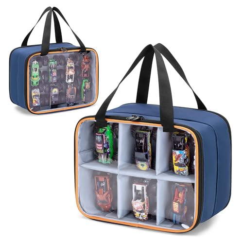 LUXJA Double Layer Toy Car Storage Bag Compatible with Hot Wheels, Blue | PVC Carrying Case for 1:64 Monster Jam Trucks, Holds Up to 14 Collectible Toy Cars