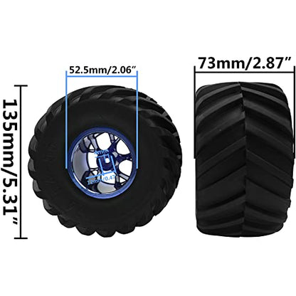 5.31''OD Rubber Tires & Wheel Rim 12mm Hex Hub Compatible with Traxxas Rustler HPI HSP Volcano Tamiya Exceed Himoto 1/10 Off-Road Monster Truck,135mmx73mm (Blue) - color: Blue