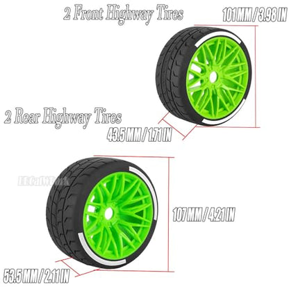 RC Wheels and Tires for 1/7 Felony 6S BLX,RC Highway Wheel Rubber Tires,4PCS RC Drift Car Highway Tires Road Soft Tires,Green - color: Green - (4pcs Highwaytires)