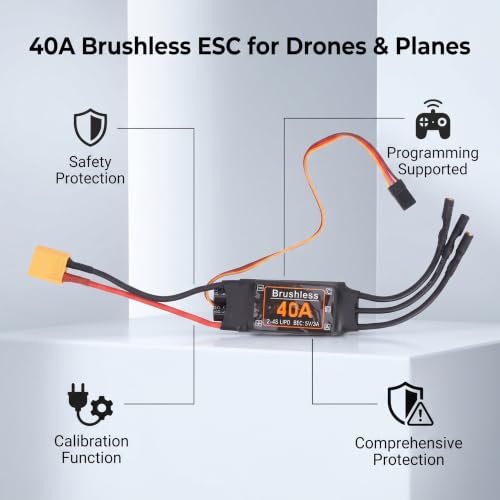 VGEBY Brushless ESC, 40A RC Brushless Motor Electric Speed Controller 5V/3A BEC Output for RC Drone Airplanes Accessory Modeling Accessories 50 Amp Esc Airplane Brushless Esc