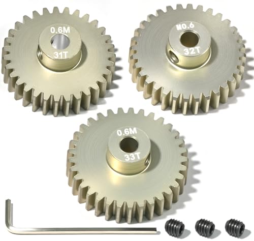 3PCS 0.6 Mod 0.6M Pinion Gear Set 31T 32T 33T, 7075 Aluminum Alloy RC Gears with 3.175mm Bore for 540 550 Brushed Brushless Motors, Fits for 1/10 Tamiya Redcat HSP HPI RC Cars - size: 31 32 33T
