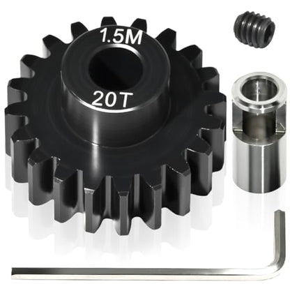M1.5 20T Pinion Gear 8mm Bore with 8mm to 5mm Shaft Adapter Sleeve, Chromium Steel Motor Gear with Set Screw & Hex Key for Traxxas ARRMA Losi 1/5 1/8 RC Cars - size: 20T