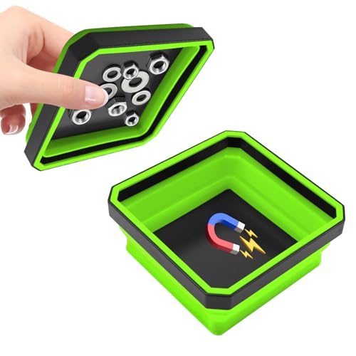 Collapsible Magnetic Parts Tray, 4.5 Inch Square Silicone Tray Holder with Double-Sided Magnetic Base, Foldable Tool Trays for Screw Bolts Nuts Pins Small Parts, Car Accessories (Green) - color: Green