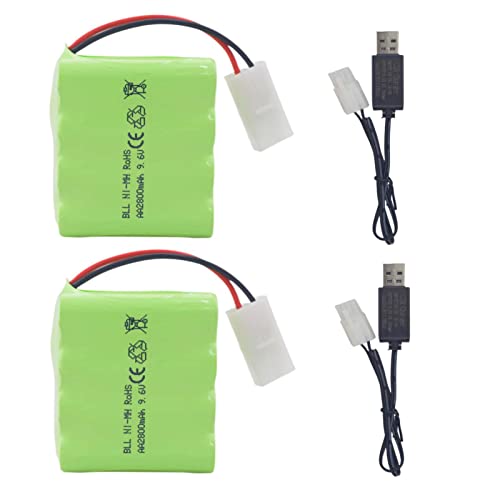 2PCS AA 9.6V 2800mah RC Battery Pack with Tamiya Plug with USB Charging Cable for Toy Tanks Engineering Department Flatbed semi-Trailer Truck RC Remote Control car Ni-MH high Capacity Battery