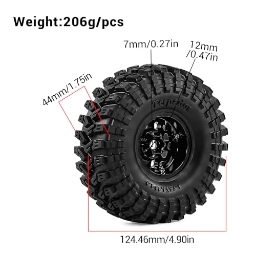 1.9" Beadlock Wheels and Tires 124mm (4.9in) for TRX4 SCX10 1/10 RC Crawler Upgrade Parts (Black, 4pcs) - color: Black