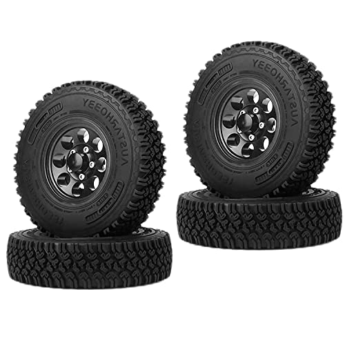 4PCS 1.55 Inch Alloy Beadlock Metal Wheel Rim Tyre Rubber Tires for 1/10 RC Crawler Car Jimny Axial AX90069 D90 TF2 Tamiya CC01 LC70(Black) - color: 90mm-black