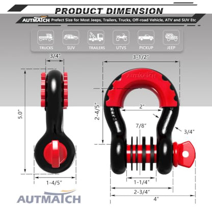 AUTMATCH 3/4" D Ring Shackles (2-Pack) - 41,887 lbs Break Strength | Clevis Shackle with 7/8" Pin & Isolator Washer Kit for Tow Strap, Winch, Towing & Off-Road Vehicle Recovery, Black & Red - color: Black & Red