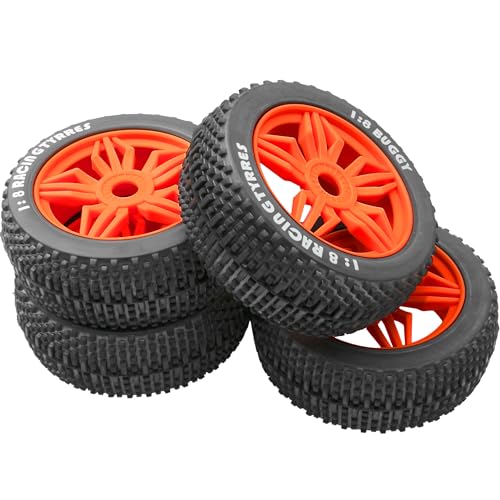 ShareGoo OD 4.52" 1/8 RC Buggy Rubber Tires Tyre w/ 5 Spoke Plastic Rim 17mm Hex Compatible with Arrma Kyosho Exceed RC Traxxas Redcat HSP HPI 1/8 Scale Off Road Car Buggy (Red) - color: Red