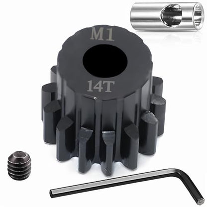 Steel Mod1 5mm Pinion Gear 1PCS, 11-28T M1 Pinion Gear Metal Hardened Steel Fit 5mm RC Motor Shaft with 3.175mm Coupler Compatible with 1/5 1/6 1/8 1/10 1/14 RC Brushless Brush Motor (14T) - size: 14T