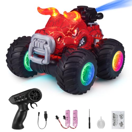 Remote Control Monster Truck Toys - 1000mAh Battery RC Stunt Car (Red) | 2.4GHz Remote Control, Flat & Upright 360° Spins, Trucks for Kids Ages 4-12, Birthday & Holiday Gifts for Boys & Girls - color: Red