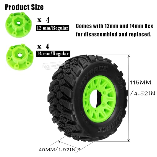 RC 12mm/14mm Hex RC Wheels and Tires for 1/10 Slash 2WD 4×4 4wd,Senton Axia1 Red cat Rc 4wd,Rc Truck Tires Snow Tires Desert Tires,4PCS,Green - color: Green(4pcs)