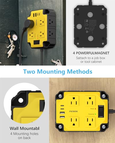 8-Outlets Magnetic Heavy Duty Power Strip, 6.5 Ft Extension Cord | 15 Amps/1200 Joules, Multi-Plug with 4 USB Ports (2 USB-C) for Workshop Garage Industrial, Yellow