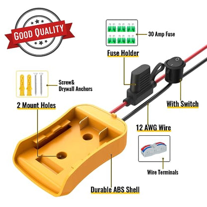 Azocek 3 Packs Power Wheel Adapter for Dewalt 20V Battery | Converter Kit, Fuse & Switch Included, Wire Terminals & 12 AWG Wire, Compatible with DIY RC Car Toys Robotics