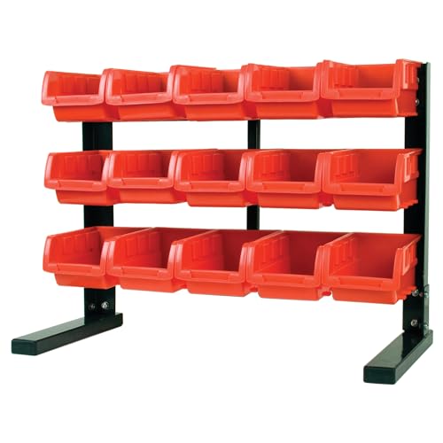 Performance Tool W5186 15-Bin Table Top Storage Organizer Rack | Powder-coated steel organizer rack with removable red bins. Small parts and craft organizer for home, office or garage - style: 15-Bin Table Top Storage Rack