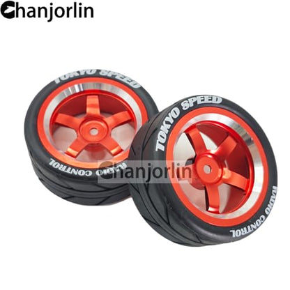 1/10 On Road Racing Tires And 5-Spoke Aluminum Wheels 12mm Hex OD 2.56" RC Touring Tyres For 1:10 Rally Street Drift Car Tamiya TT01 TT02 XV01 A959 PTG2 KYOSHO HSP Traxxas 4PCS (Red) - color: Red