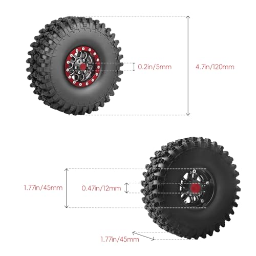 RC Crawler 1.9 Beadlock Wheels and Tires Set for 1/10 Scale Axial SCX10 TRX4 RC4WD Redcat Gen8 Gen7 Rock Crawling All Terrain - color: Red Rims