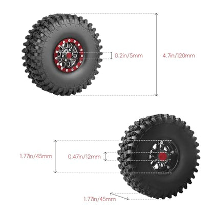 RC Crawler 1.9 Beadlock Wheels and Tires Set for 1/10 Scale Axial SCX10 TRX4 RC4WD Redcat Gen8 Gen7 Rock Crawling All Terrain - color: Red Rims
