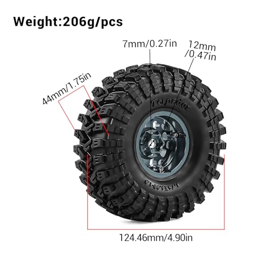 1.9" Beadlock 12mm Hex Wheels and Tires 124mm (4.9in) for TRX4 SCX10 1/10 RC Crawler Upgrade Parts (Titanium, 4pcs) - color: Titanium