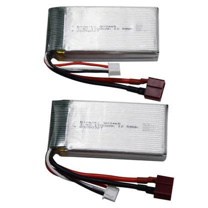 Blomiky 2 Pack 7.4V 1600mAh 12.58Wh 30C Lipo Battery with T Plug and USB Cables for 1:10 Scale 200E 9200 9200E 9205E 9206E RC Trucks