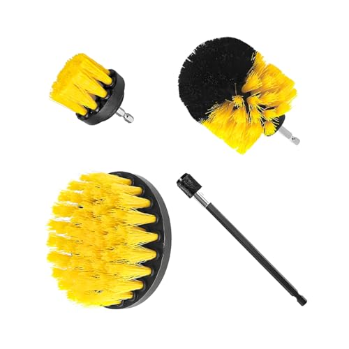 4PCS Drill Brush Attachment Kit with Extension Rod, Yellow | PP bristles with steel shafts, three brush sizes, quick-change extension rod, follows curved surfaces, compact storage - color: Yellow