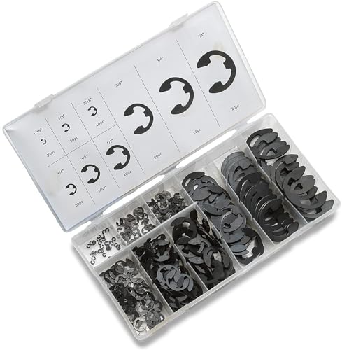 NEIKO 50455A E-Clip Assortment Set | 300 PCS, 9 SAE Sizes, Heat Treated External Retaining Clips, 1/16" - 7/8 Inch | High Carbon Steel Circlip Kit, Anti Walk Washers, Retaining Rings - style: Retaining Ring