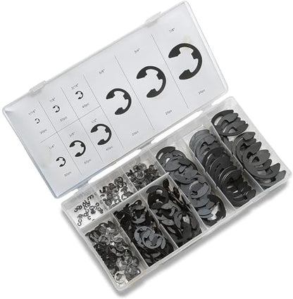 NEIKO 50455A E-Clip Assortment Set | 300 PCS, 9 SAE Sizes, Heat Treated External Retaining Clips, 1/16" - 7/8 Inch | High Carbon Steel Circlip Kit, Anti Walk Washers, Retaining Rings - style: Retaining Ring