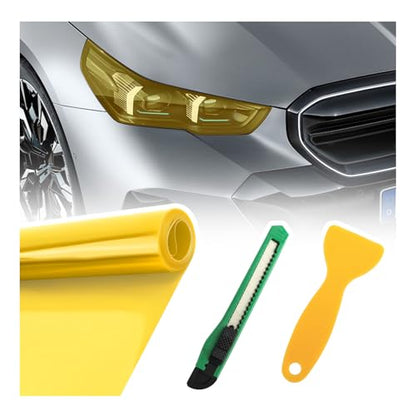 12×47" Car Headlight Tint Film,Self Adhesive Taillight Tint Film for Headlights/Fog Lights/Tail Lights,Waterproof Non-Marking Tail Light Tints Films Kit with Squeegee & Cutter (Yellow) - color: Yellow