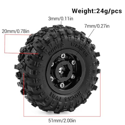 1.0" Beadlock Aluminum Wheels and 51mm Soft Rubber Tires | for SCX24, TRX4M, Ascent 18, FCX24, 1/18 1/24 RC Crawler, 7mm Hex, 0mm Offset, with Foam Inserts, (Black 101) - color: Black 101