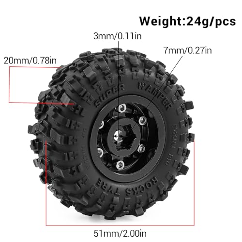 1.0" Beadlock Aluminum Wheels and 51mm Soft Rubber Tires | for SCX24, TRX4M, Ascent 18, FCX24, 1/18 1/24 RC Crawler, 7mm Hex, 0mm Offset, with Foam Inserts, (Black 101) - color: Black 101