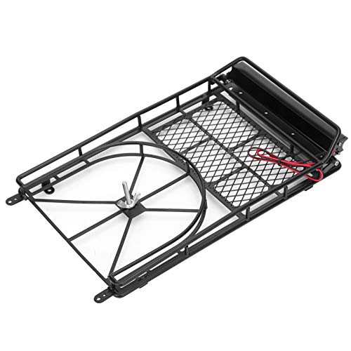Metal Roof Rack Luggage Carrier for RC Crawler Car, RC Roof Rack with LED Light Strip, Sturdy Durable Metal Cargo Carrier with Spare Tire Mount for HSP RC Vehicles