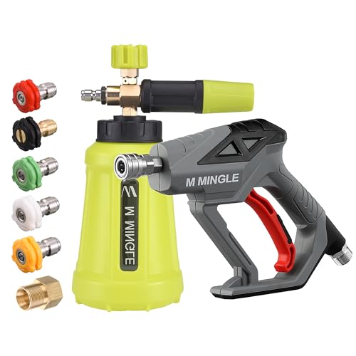 M MINGLE High Pressure Washer Gun Snow Foam Lance, 4000 PSI, 1 Liter | Foam Blaster with 1/4" Quick Connector, Car Wash Foam Cannon Kit with 5 Nozzle Tips & M22 Adapter, Generates Thick Foam - color: yellow