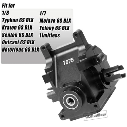 RC Gearbox Case Upgrades for 1/7 6S Mojave,Limitless,1/8 Kraton,Senton,Outcast,Notorious,Typhon 6S BLX,7075 Alloy Aluminum Diff Housing Gearbox Case,Black