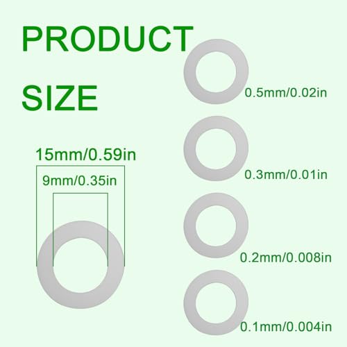 M9x15mm Steel Shim Washer Set 48pcs Thin Flat Spacers for Adjustment | 15mm OD, 0.1mm 0.2mm 0.3mm 0.5mm Thickness, 12pcs Each, Fine Adjustment Spacers, Thin Flat Washers, Light Assembly - size: M9×15
