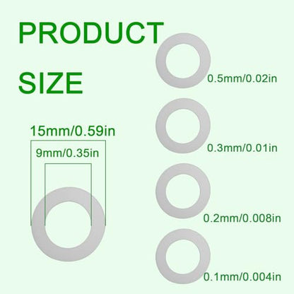 M9x15mm Steel Shim Washer Set 48pcs Thin Flat Spacers for Adjustment | 15mm OD, 0.1mm 0.2mm 0.3mm 0.5mm Thickness, 12pcs Each, Fine Adjustment Spacers, Thin Flat Washers, Light Assembly - size: M9×15