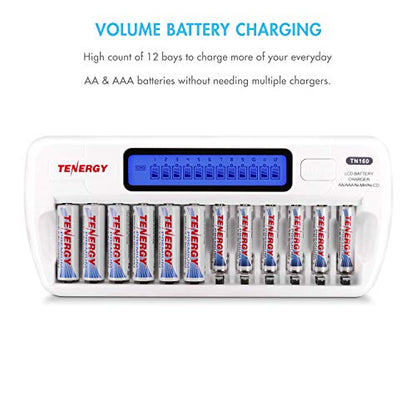 Tenergy TN160 12-Bay LCD NiMH/NiCD AAA/AA Battery Charger + 12 AA Premium NiMH Rechargeable Batteries - size: Charger + 12 Pack Premium AA