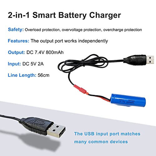 KBT 2Pack 3.7V 800mAh 10C High Drain Li-ion Rechargeable Battery with JST 2Pin Connector & USB Charging Cable for RC Car Toy RC Construction Trucks