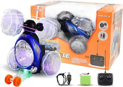 Haktoys Rechargeable RC Tornado Stunt Car – 360° Flip Remote Control Turbo Twister Vehicle with Lights & Music | Double-Sided Spinning Car Toy for Toddlers Kids Boys Girls (Blue) - color: Blue