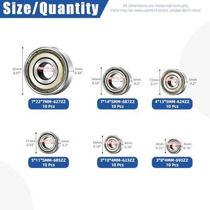 Glarks 60pcs 693ZZ 623ZZ 624ZZ 685ZZ 687ZZ 627ZZ Carbon Steel Bearings, Deep Groove Ball Bearing, Double Shield Miniature Groove Ball Bearings Suitable for High-Speed Brushless Motors, Fan Bearings