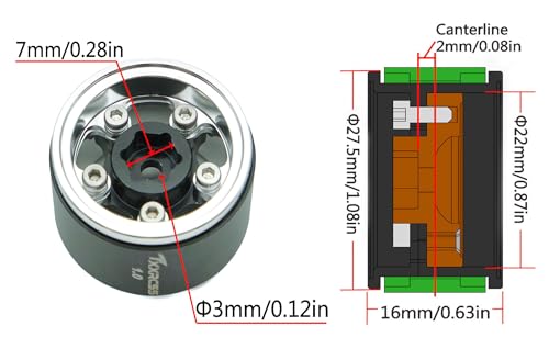 RC 1.0 Beadlock Wheels Offsets -2 Aluminum Rims for AX24 1/18 TRX4M All 1/24 Scale SCX24 Deadbolt RC Crawler Car Wheels Upgrades 4Pc (Black & Silver) - color: Black & Silver