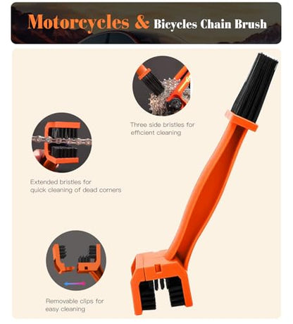 YeewayVeh 7PCS Motorcycle Cleaning Kit, 2-Size Bendable Wheel Brush, Orange | Tire & Chain Brush, Boars Hair Detailing, Wash Mitt, Microfiber Towel for Dirt Bike & Car Wheels