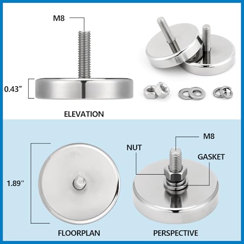 Flutesan 4 Pieces Heavy Duty Round Mounting Magnet with Bolt 1.89in-240lb-M8 Silver with Male Thread Stud Strong Magnet Super Powerful for Lighting Camera Brackets License Plate - color: Silver, size: 1.89in-240lb-m8